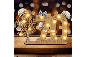 Idota Deko 70 Geburtstag Frau Mann Geldbaum Geschenk, Lebensbaum Deko mit Led, 70 Geburtstag Deko Geschenke, Holz-Schild Gästebuch Geldgeschenke, Personalisierte Geburtstag Geschenk