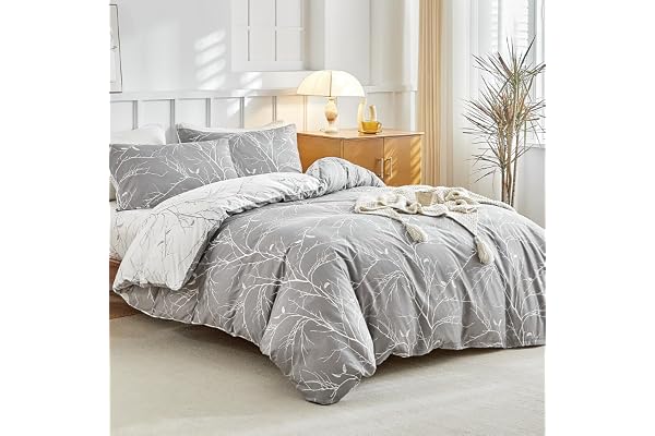 Tokokimo Parure de Lit 160 x 200 4 Pièces Housse de Couette 240x220 cm + Drap Housse 160 x 200 cm avec 2 taies d'oreillers 65x65 cm 240x220 Parure Motifs de Branches et de Feuilles en Microfibre