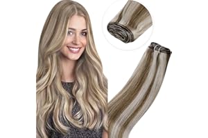 (Venta Express) LaaVoo Extensions Trama Cabello Humano 100 gramos 18"/45cm Weft Extensiones Pelo Natural Destacar Marrón Claro con Rubia Platino Extensiones de Cortina Cosida Pelo #P8/60