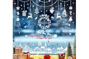 Anstore Świąteczne naklejki na okna – 369 szt. białych naklejek z PCW z łosiem, bałwanem, choinką itp. do wyświetlania okien