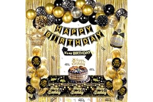 GYESXYW Black and Gold Party Decorations, Black and Gold Balloons Birthday Decorations, Happy Birthday Banner Golden Fringe Curtain Tablecloth Bday Sash Crown Pom Poms for Men Women Bday Decor