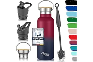 Milu Botella de Agua, 500ml, 750ml, 1000ml (+3 Tapas) - Acero Inoxidable, Libre BPA, Para Bebidas Calientes, Frías y Carbonatadas (Azul Berry, 500ml)