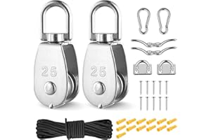 LUQIXCEY M25 Crane Pulley Block Set, 304 Stainless Steel 360° Swivel Pulley Block Single Wheel Pulley System with 20m/4mm Nylon Line Rope-150kg/330lbs Loading, Carabiner Hook Clips, Cleat Hooks & Eye Pad Plate