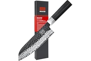 SHAN ZU Cuchillo Santoku 19cm, Acero Inoxidable al Carbono 10Cr15MoV Japonés, Forjado a Mano 7 Capa, Cuchillo de Cocina Profesional, Hoja Ultra Afilada, Mango G10 Ergonómico