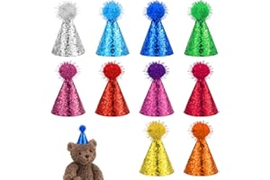 ADLABLD 10 Stück Mini Partyhüte für Kuscheltiere,Bunt Party Kegel Hat,Partyhüte für Kuscheltiere mit Glitzer Pompons,Kleine Partyhut mit Verstellbarem Riemen Tiere,Kinder und Plüsch-Teddys