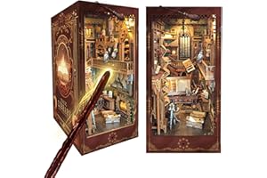 BOOKIE NOOKIE Book Nook Kit w/Remote Wand, DIY Dollhouse Booknook Magic 3D Bookshelf Insert Decor Craft Building Set Gift for Teens Adults as Halloween Christmas Day Gift - Magic Library-Light Brown