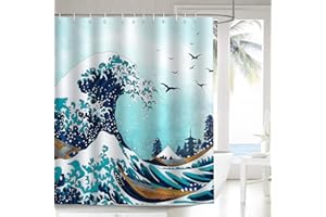 Bonhause Japońska zasłona prysznicowa 180 x 180 cm kanagawa fale oceanu niebieska zasłona łazienkowa wodoodporna odporna na pleśń i pleśń tkanina poliestrowa zasłona łazienkowa z 12 haczykami