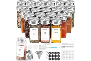 SXTIHD Tarros de cristal para especias, cuadrados, 24 × 120 ml, juego de recipientes para guardar especias con tapas de acero inoxidable, etiqueta