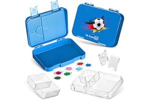 My Vesperbox – Len - Bento Box Kinder - Lunchbox mit 4+2 Fächern - extrem robust – Brotdose – Brotbox ideal für Kindergarten und Schule… (Blau - Fußball)
