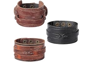 Finrezio 3 Piezas Brazaletes De Puño De Cuero Pulsera De Urdimbre para Hombres Mujeres Pulsera De Punk Rock Marrón Pulseras Negras