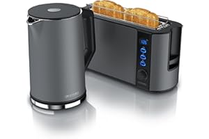 ‎ARENDO Arendo - Wasserkocher mit Toaster SET Edelstahl Cool Grey, Wasserkocher 1,5L 40°-100°C Warmhaltefunktion Toaster 2 Scheiben LED-Display 6 Bräunungsgrade Brötchaufsatz