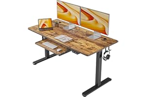FEZIBO Height Adjustable Electric Standing Desk with Keyboard Tray, 140 x 60 cm Sit Stand up Desk with Splice Board, Black Frame/Rustic Brown Top