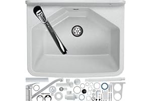 Gospo - Fregadero con grifo, sifón, 46 x 37 x 20 cm, lavabo de plástico, lavabo, para jardín, garaje, sótano, taller, montaje en pared, fregadero con accesorios, Blanco