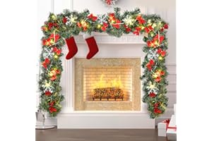 KIDKEN 2.7M/9FT Christmas Garland with Lights, Christmas Wreath Fireplace Garlands Decorations Pine Xmas Garland for Fireplace Stairs Door Xmas Tree Garden Yard Holiday Decor