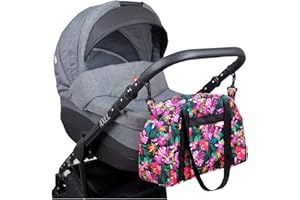 BabyLux Wickeltasche COLORFUL Kinderwagen Buggy Große Handtasche Babytasche mit Befestigung für Mutter Handtasche (81. Schwarz + Hibiskus)