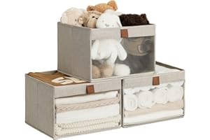 StorageWorks Shelf Storage Boxes, Clothes Storage Boxes with Clear Window and Handles, Foldable Storage Baskets for Shelves, Fabric Clothes Wardrobe Organiser for Bedroom, Brown and Beige, 3 Pack