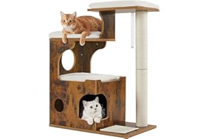 Feandrea Kratzbaum, 86 cm hoher Katzenbaum, Spanplatten-Katzenkratzbaum, mit Höhle, Liegeflächen, Säule und Sisal-Kratzmatte, waschbare Plüschkissen, vintagebraun PCT70HW