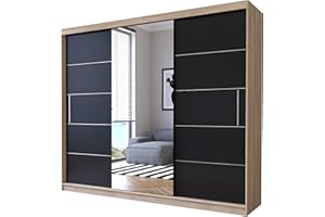 Fabryka Mebli Idźczak Schwebetürenschrank Alba 250 cm, Schiebetürenschrank mit Spiegel, Kleiderschrank Kleiderstange und Einlegeboden, Schiebetüren, Modern Design (Sonoma/Schwarz)