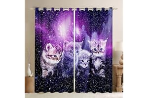LOUSSIESD Katzen-Fenstervorhänge Mädchen süßes Haustier Katzen Vorhänge Galaxie Kawaii-Kätzchen Weltraum Fenstervorhänge für Schlafzimmer, Wohnzimmer Kinder Jungen 3D-Tier-Thema Fensterbehandlungen 245x140cm