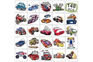 CHARLENT 148 PCS Tatuaggi temporanei per bambini con auto da corsa e monster truck - Tatuaggi individuali per bambini con auto da corsa, bomboniere per feste di compleanno e sacchetti regalo