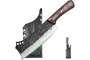 FULLHI Couteau de boucher forgé à la main Couteau de chef à viande lourde avec gaine Coupe de viande en acier à haute teneur en carbone pour la maison, BBQ, Idée de cadeaux (marron, 21cm)