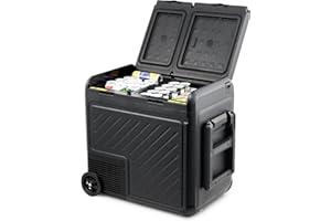 DARTMOOR Kühlbox Auto Camping Kompressor Kühlbox Elektrisch 12/24V 230V Auto Kühlschrank Zwei-Zonen-Temperaturregelung Reisekühlschrank -22℃~20℃ für LKW Boot Reisemobil 55L mit 2 Rädern