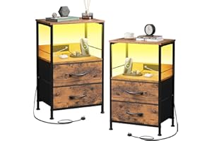 WLIVE Bedside Table,with App-Controlled LED Lights & Charging Station, 2 Fabric Storage Drawers with 2 AC Outlets & 2 USB Ports,Ideal for Bedroom Use,Livingroom (Rustic Brown, 2pcs)