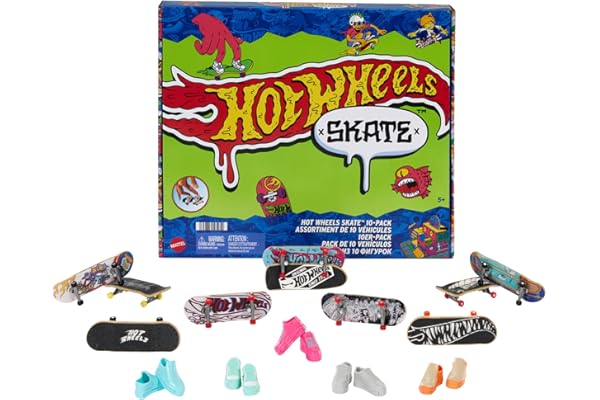Hot Wheels Skate Lot de 10 fingerboards, 5 Paires de Chaussures de Skate Amovibles, Graphiques détaillés sur Le thème Hot Wheels, Jouet pour Enfants, 5 Ans, HTP59