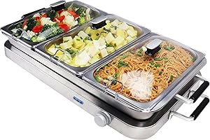 CALLOW RETAIL Callow Large Stainless Steel Buffet Warmer - Warm Function, Stainless Steel Buffet Warmer, Hotplate, Food Warmer Server, 3 x 2.5L Large trays plus one Large Single Tray & 3 Serving Spoons Included