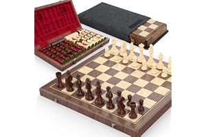 Premium 38 cm valnötsmagnetiskt schack och damset - 2-i-1 hopfällbart schackbrädspel i trä med Staunton-figurer, 2 extra dame