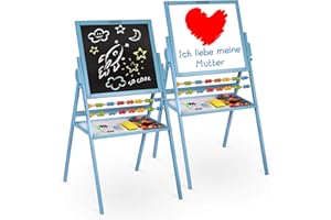 Tableau de jeu pour enfants - Tableau blanc magnétique et tableau à craie - Chevalet en bois Ricokids (bleu)