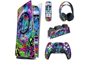 PlayVital Autocollants Skin pour ps5 Manette Sticker Vinyle pour ps5 Digital Console & Station de Charge & Casque & Télécommande Média-Feuille psychédélique