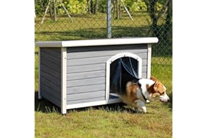 Petsfit Hundehütte Outdoor Winterfest Holz mit abnehmbarem Boden für einfache Reinigung, Hunde Hütte Holzhaus für draußen, Hundehaus verstellbar Fußpolster Steildach, kleines Versteck für Hund, M