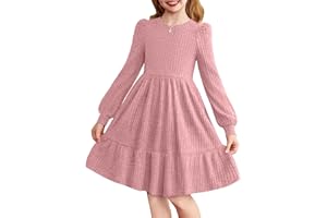 Arshiner Vestido Niña Elegante de Punto Acanalado con Manga Larga y Mangas Abullonadas, Vestidos de Fiesta y Ceremonia, Cuello Redondo, Vestidos Casual A-Line Sólido, 6-14 Años