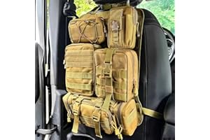 SH-RuiDu Tactical Car Seat Back Organiser, Universal Molle Vehicle Panel Car Backrest Kick Protector Van Seat Organizer with 5 Detachable Molle Pouches for All Cars Trucks SUVs Vehicles (Tan)