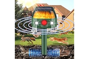 HAPPY WATCH Outdoor Cat Repeller, 360° Solar Ultrasonic Animal Repellent with Flame Light, Vibrating Fox Deterrent IP66 Waterproof 5 Modes Adjustable for Dog Rabbit Deer Fox Squirrel, Cat Scarer for Garden/Yard