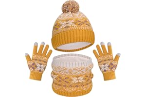 AOTOW Ensemble Bonnet écharpe et Gants – Ensemble 3 pièces Bonnet et Gants d'hiver en Tricot Thermique avec Doublure en Polaire Motif Neige pour Enfants de 5 à 10 ans