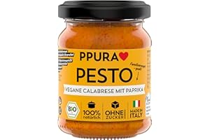 PPURA Bio Pesto Vegane Calabrese | Pasta-Sauce mit Paprika, Tomaten & Nat. Olivenöl Extra | 100% Natürlich Ohne Zuatzstoffe | Authentisch Ohne Sonnenblumenöl| Nudel-Soße Vegan & Glutenfrei | 120g Glas
