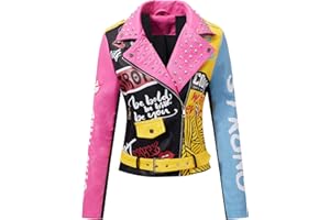 Giolshon Donna Giacca in finta pelle borchiato Rivetto floreale Moto Motociclista Cappotto con rever corto