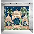 Dhara Gate Pichwai Mural Art Printed (8FT-8FT) Backdrop Cloth for Pooja Decoration Traditional Background Curtain Cloth for Festival. (Washable Fabric)