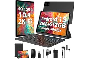 WOREGOO 10.4 Pollici Tablet Android 15, 4G LTE e 5G WiFi, Octa-Core, 36GB RAM+512GB ROM (1TB TF), Widevine L1, 2K 2000x1200 FHD Display, GMS/GPS/8+13MP/Batteria 8000mAh con Tastiera+Mouse(Nero)