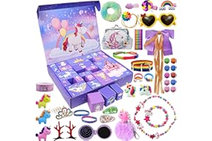 HLEIUKT Calendrier de l'Avent licorne fille 2025, 24 jours de cadeaux surprises, cadeau licorne pour enfants, filles, accessoires de cheveux, pinces à cheveux, bracelets, portefeuille