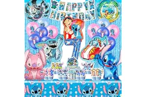 SWOKKTS Decoración Cumpleaños Stich 7 Años, Globos de Cumpleaños Lilo y Stich, Globos Cumpleaños Niña Niño 7 Años, Fiesta Stich Cortina y Decoracion Tartas, Globos Stich Cumpleaños (Decoracion Stich 7 Años)