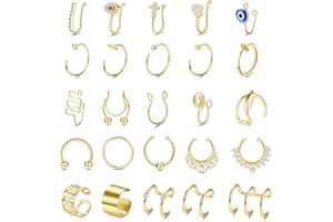 JeweBella 25 Pezzi Piercing Naso Anello Finto Acciaio Inossidabile Finto Septum Piercing Non-Piercing Finto Piercing Labbro Anello Finto Nostril Piercing Argento/Oro/Nero/Oro Rosa per Donna Uomo
