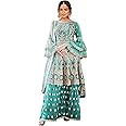 Miss Ethnik Women's Beige Net Semi Stitched Top With Stitched Net Bottom and Net Dupatta Embroidered Flared Top Dress Material (Kurta Palazzo Set) (D-1027)_Free Size