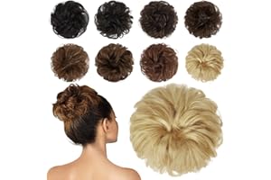 FESHFEN Moños Postizos de Pelo Natural, Coletero Moño Postizo Humano Rizado Ondulado Desordenado Coletas Postizas Rubio Blanquecino Extensiones de Cabello para Mujer