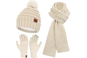 Bequemer Laden Mujeres Invierno Gorro Bufanda Larga Guantes Tactiles Conjunto, Gorra Termicos Pompon con Forro Polar Regalo Mujer para Clima Frío
