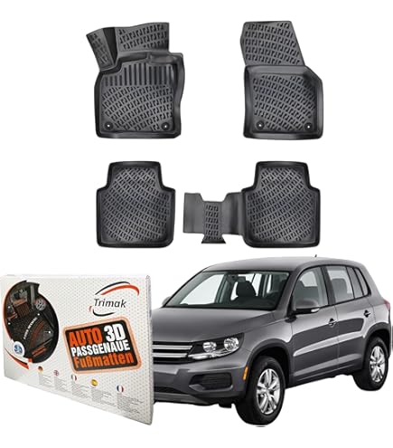 ELMASLINE Set Tappetini E Vasca Bagagliaio Per VW Tiguan 2 (2016-2024) - Gomma 3D Antiscivolo