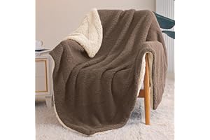 Exclusivo Mezcla Dwustronny koc typu sherpa na kanapę, gruby i ciepły koc polarowy, na zimę, miękki, pluszowy, puszysty, 137 x 152 cm, brązowy/khaki