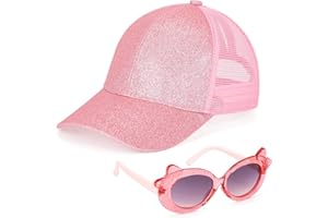 BTHRORO Cappellino da Baseball per Bambina, Cappello da Baseball con Coda di Cavallo Glitter e Occhiali da Sole Bambina, Cappelli da Sole a Rete Regolabile Berretto Estivo da Spiaggia con Visiera per Ragazze